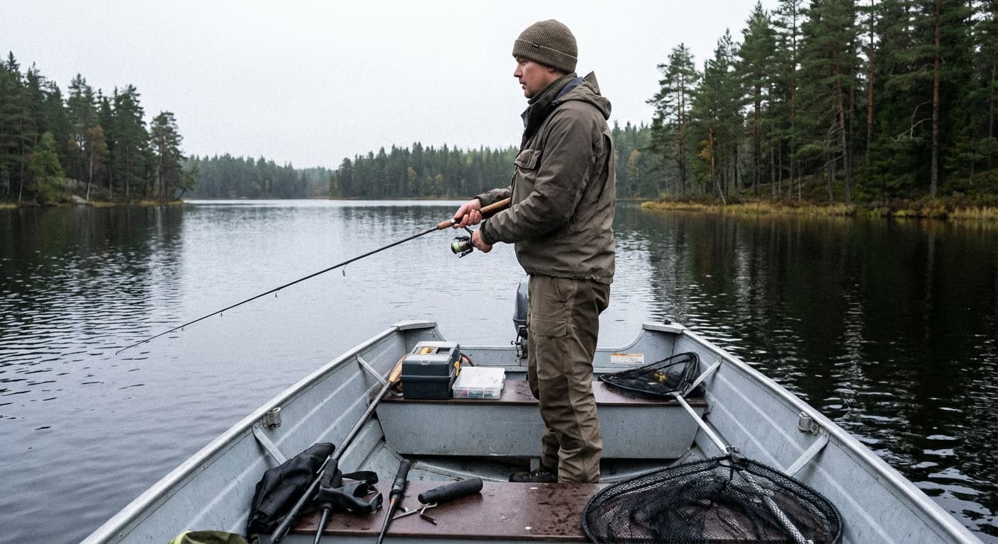 Angler im Boot beim Hechtangeln mit Echolot und Rutenhaltern auf großem See