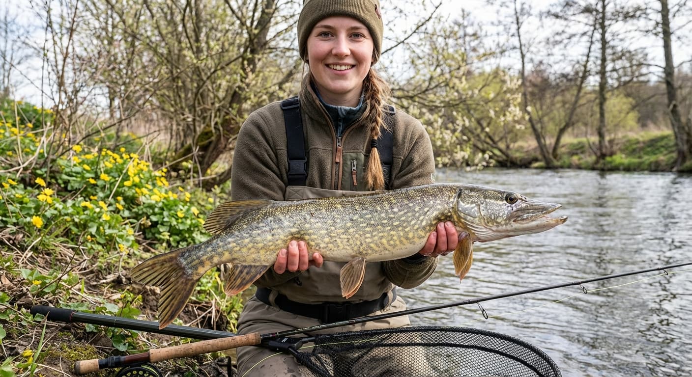 Kapitaler Hecht im Flachwasser direkt nach der Schonzeit mit Gummifisch gefangen