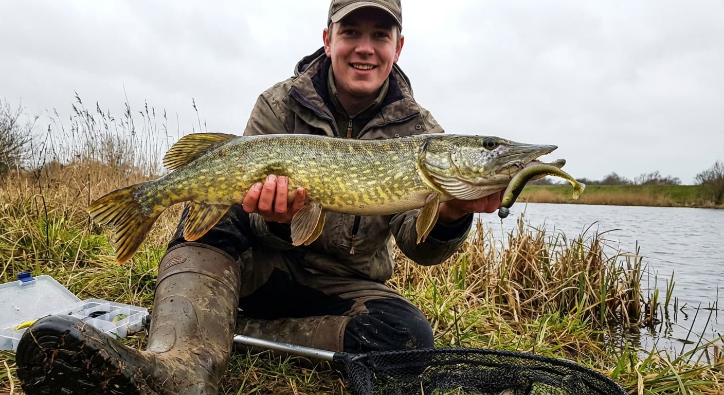 Angler hält großen Hecht mit Gummifisch im Maul am Flussufer