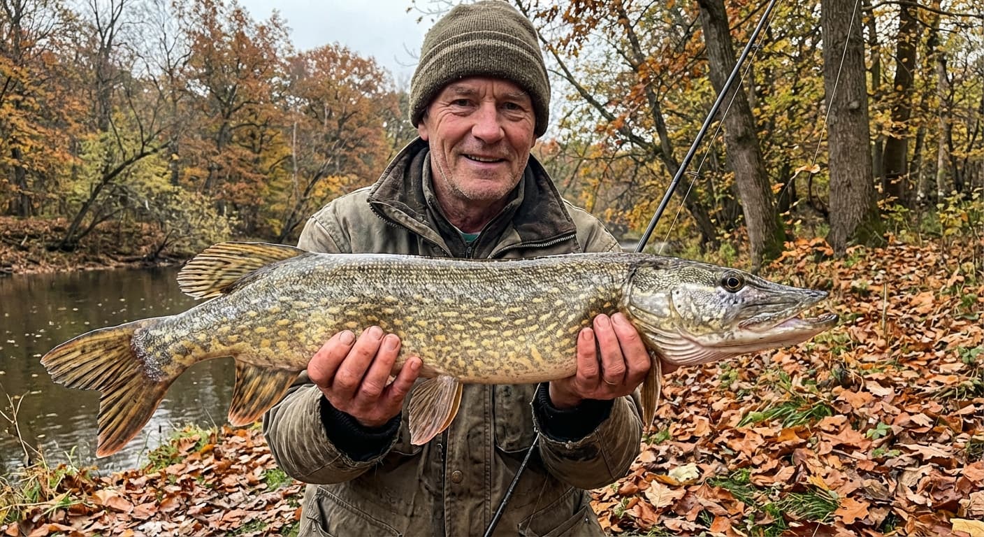 Großer Hecht im Herbst mit XXL-Gummifisch im Maul während des Fressrauschs