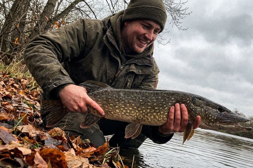 Hecht beim Angriff im herbstlichen Gewässer mit verfärbten Blättern am Ufer