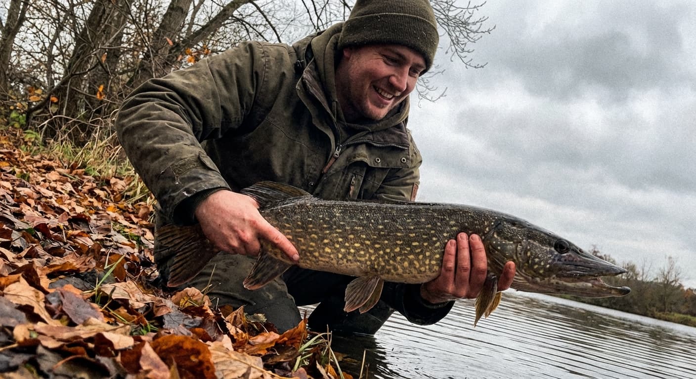 Hecht beim Angriff im herbstlichen Gewässer mit verfärbten Blättern am Ufer