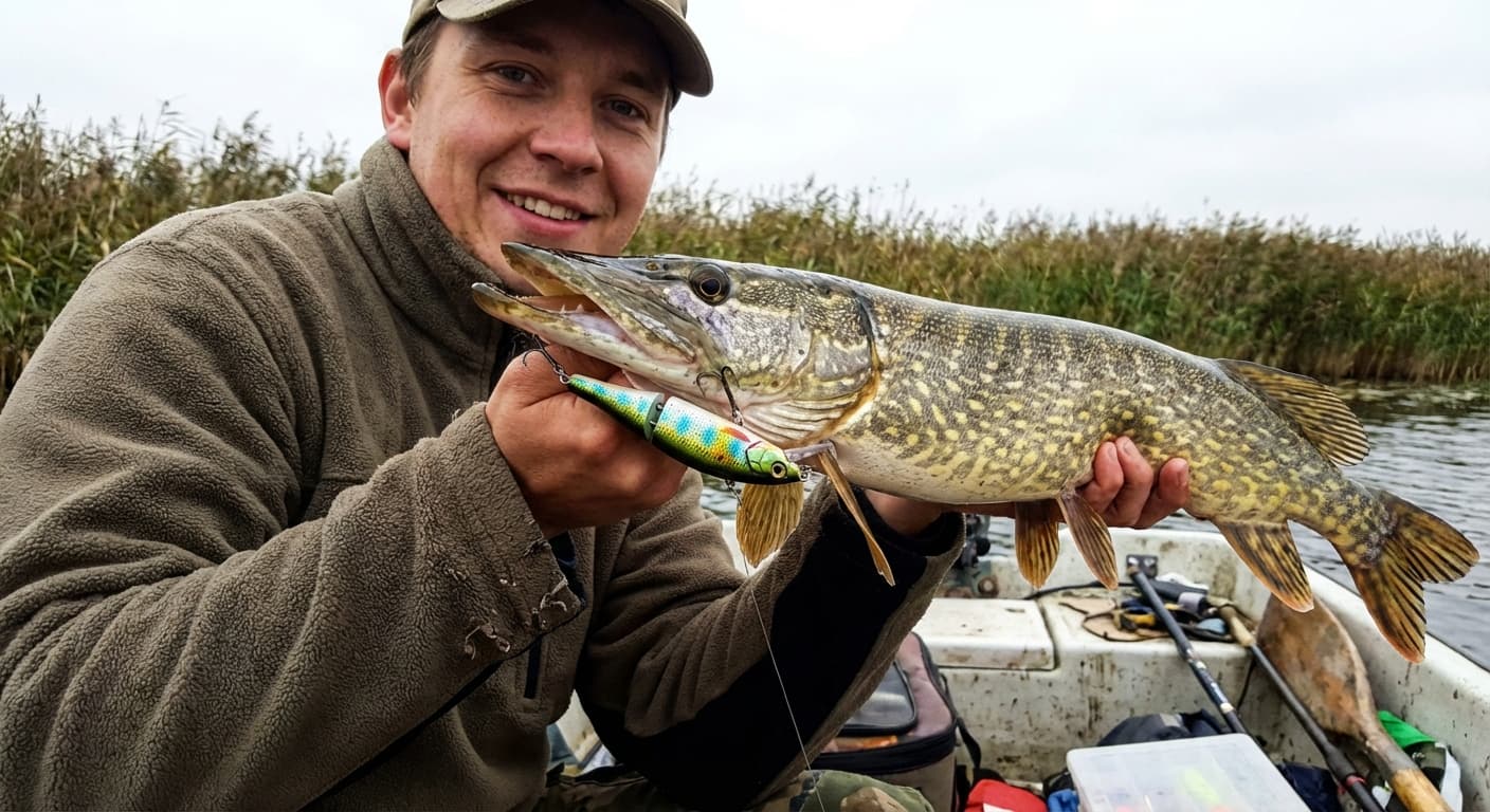 Verschiedene Hechtköder in einer Tacklebox: Gummifische, Wobbler, Spinner und Blinker