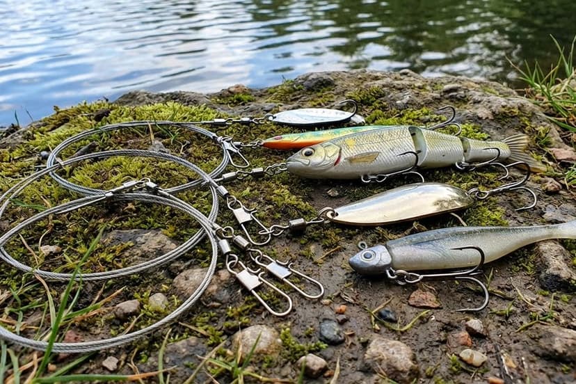 Verschiedene Hechtmontagen mit Stahlvorfach und Kunstködern am Wasser ausgelegt
