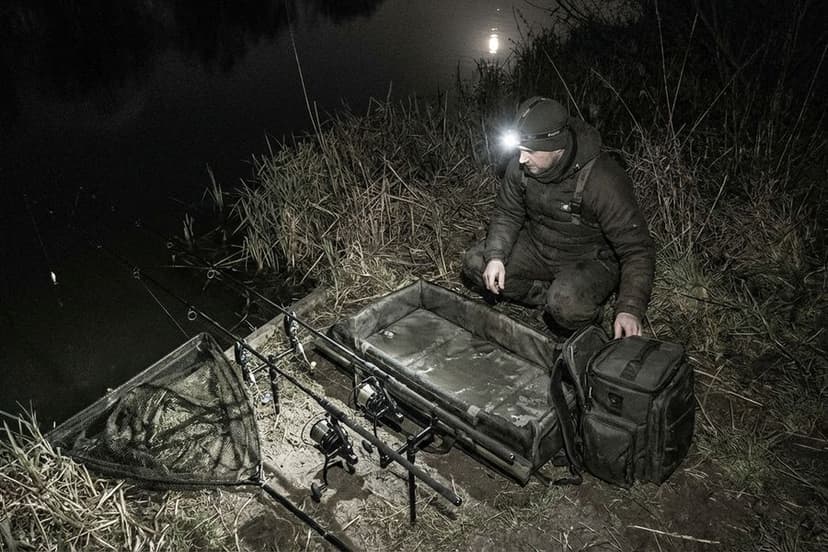Angler beim Nachtangeln auf Hecht mit Kopflampe am Gewässer bei Dämmerung