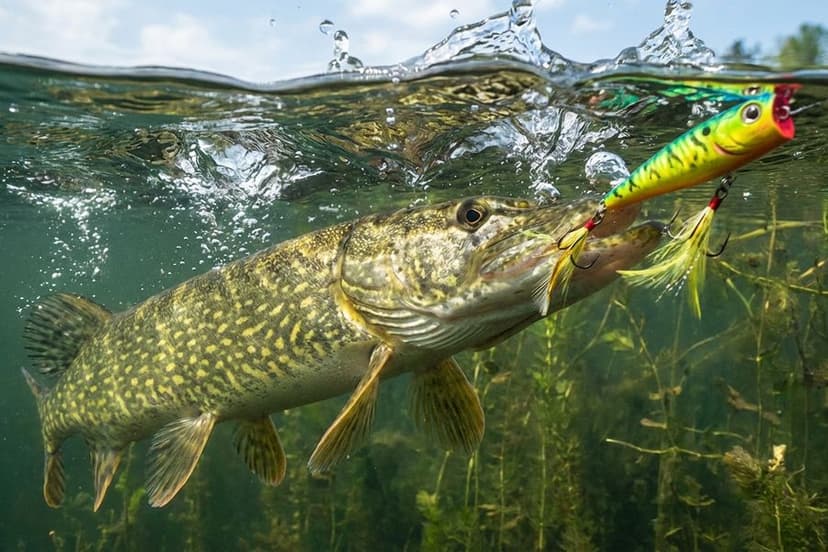 Hecht attackiert Popper an der Wasseroberfläche mit explosivem Biss