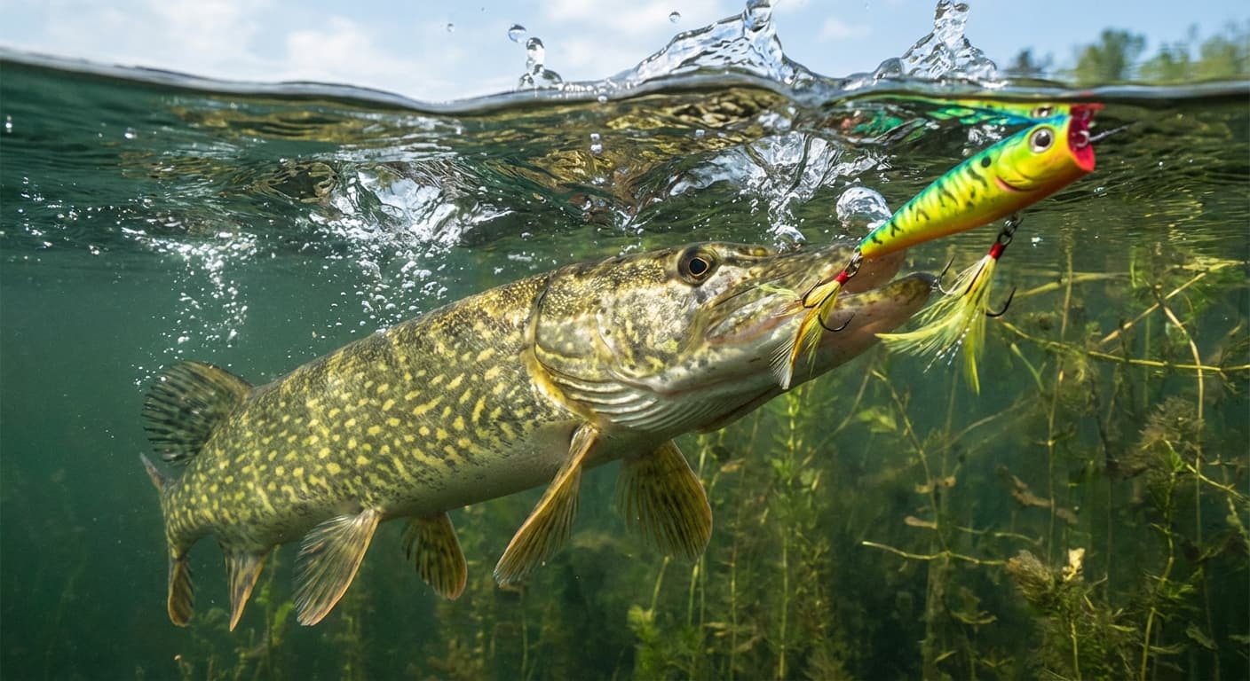 Hecht attackiert Popper an der Wasseroberfläche mit explosivem Biss