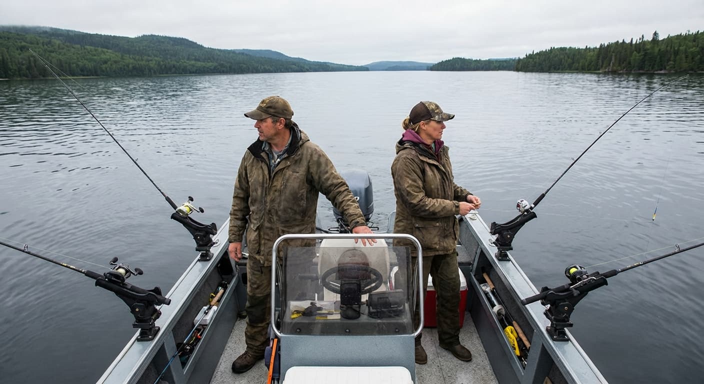 Hechtangler beim Schleppangeln vom Boot mit mehreren Ruten im Rutenhalter