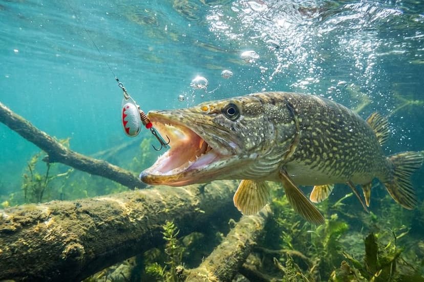 Hechtangler mit Spinnrute wirft Spinner über krautigem Gewässer aus