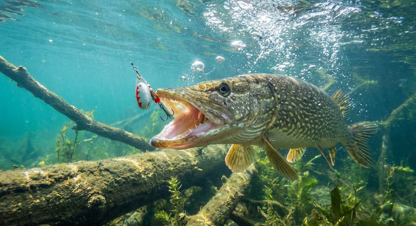 Hechtangler mit Spinnrute wirft Spinner über krautigem Gewässer aus