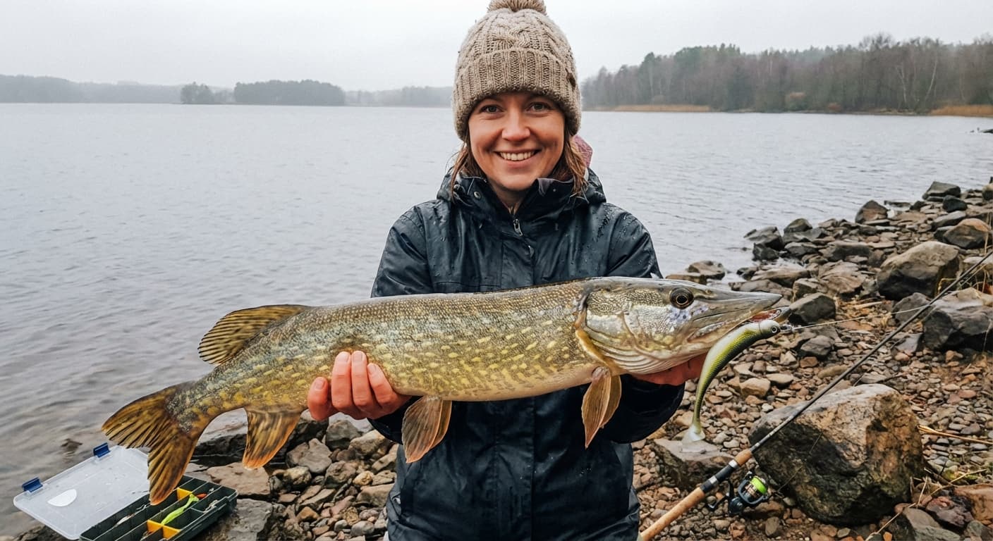 Angler beim Spinnfischen auf Hecht mit gebogener Rute am Seeufer