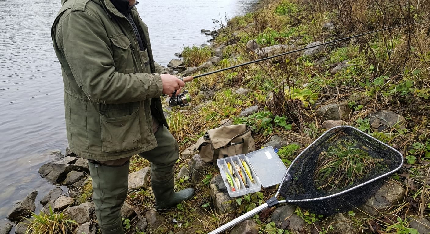Angler beim Spinnfischen am Flussufer mit Hechtmontage