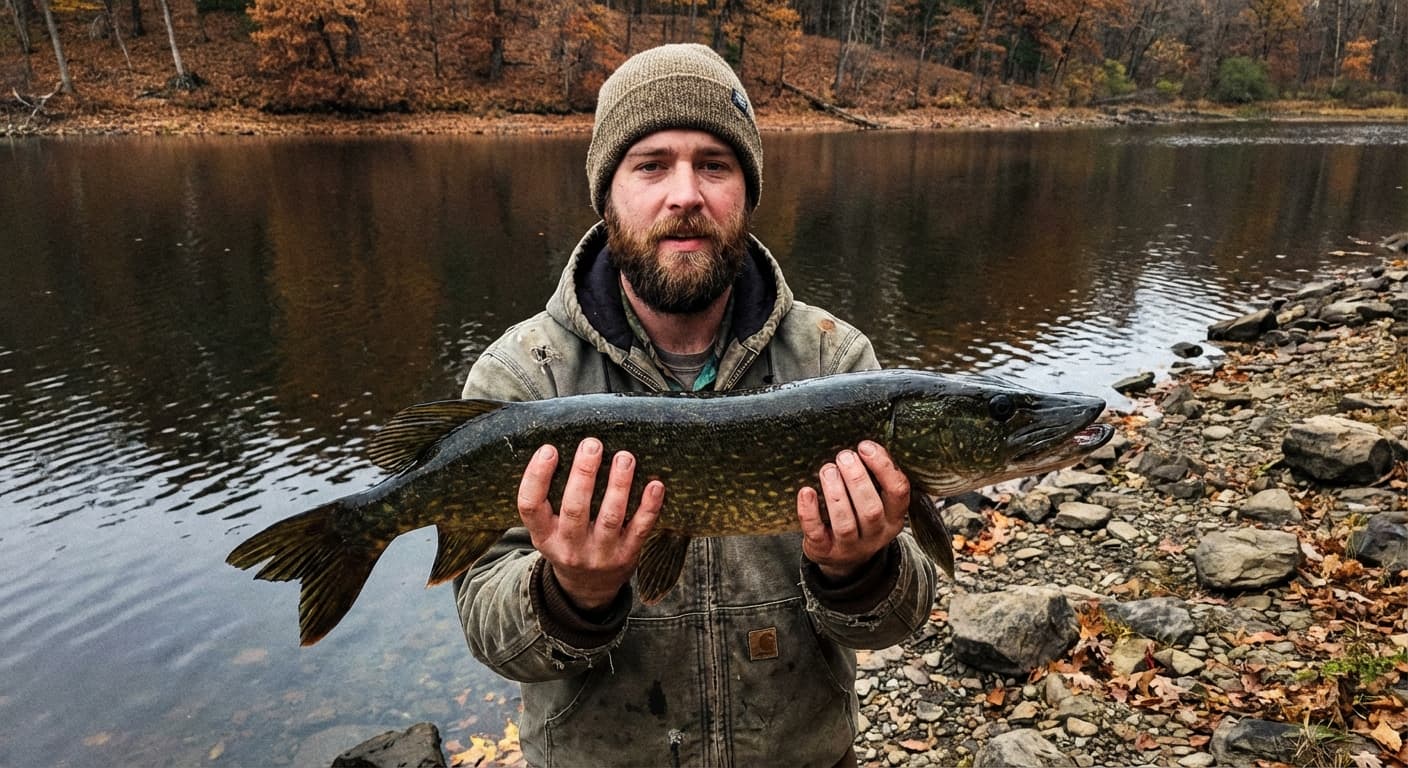 Angler am winterlichen Gewässer beim Hechtangeln mit Spinnrute