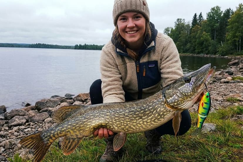 Bunter Wobbler-Köder mit Tauchschaufel liegt neben Hechtfang am Ufer