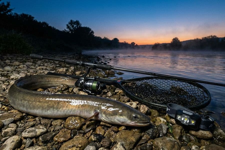 Kapitaler Herbstaal am nebligen See bei Dämmerung