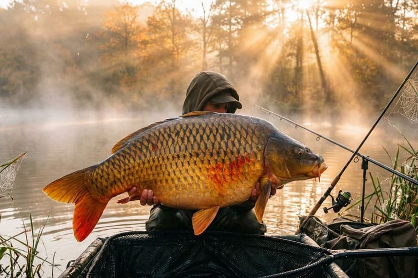 Kapitaler Herbstkarpfen am nebligen See im Morgenlicht