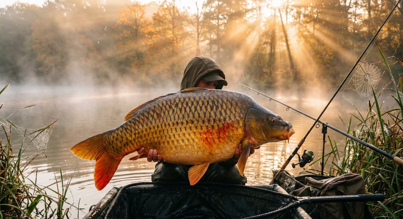 Kapitaler Herbstkarpfen am nebligen See im Morgenlicht