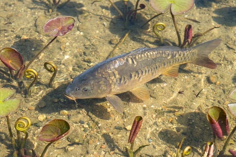Karpfen im flachen Flachwasser zwischen Seerosensprossen im Frühling