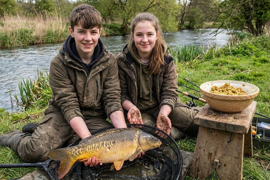 Spiegelkarpfen mit traditionellem Angelteig am Ufer