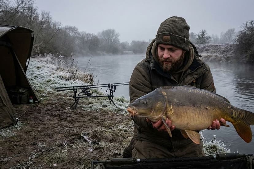 Karpfenangeln im Winter bei Schnee am See