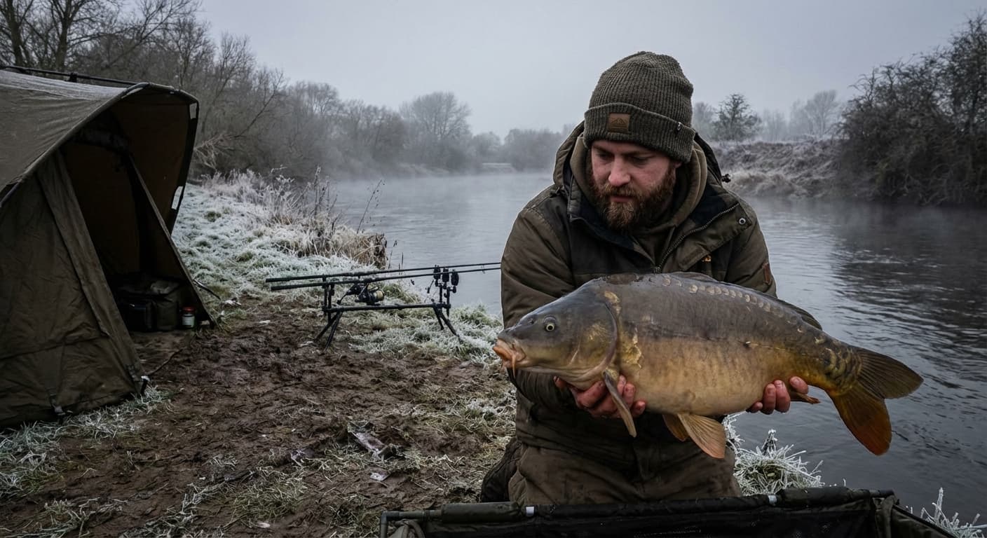 Karpfenangeln im Winter bei Schnee am See