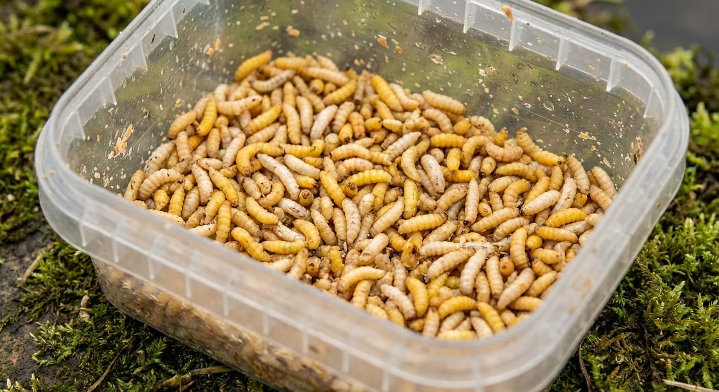 Angler am Fluss beim erfolgreichen Friedfischangeln mit Maden an der Pose