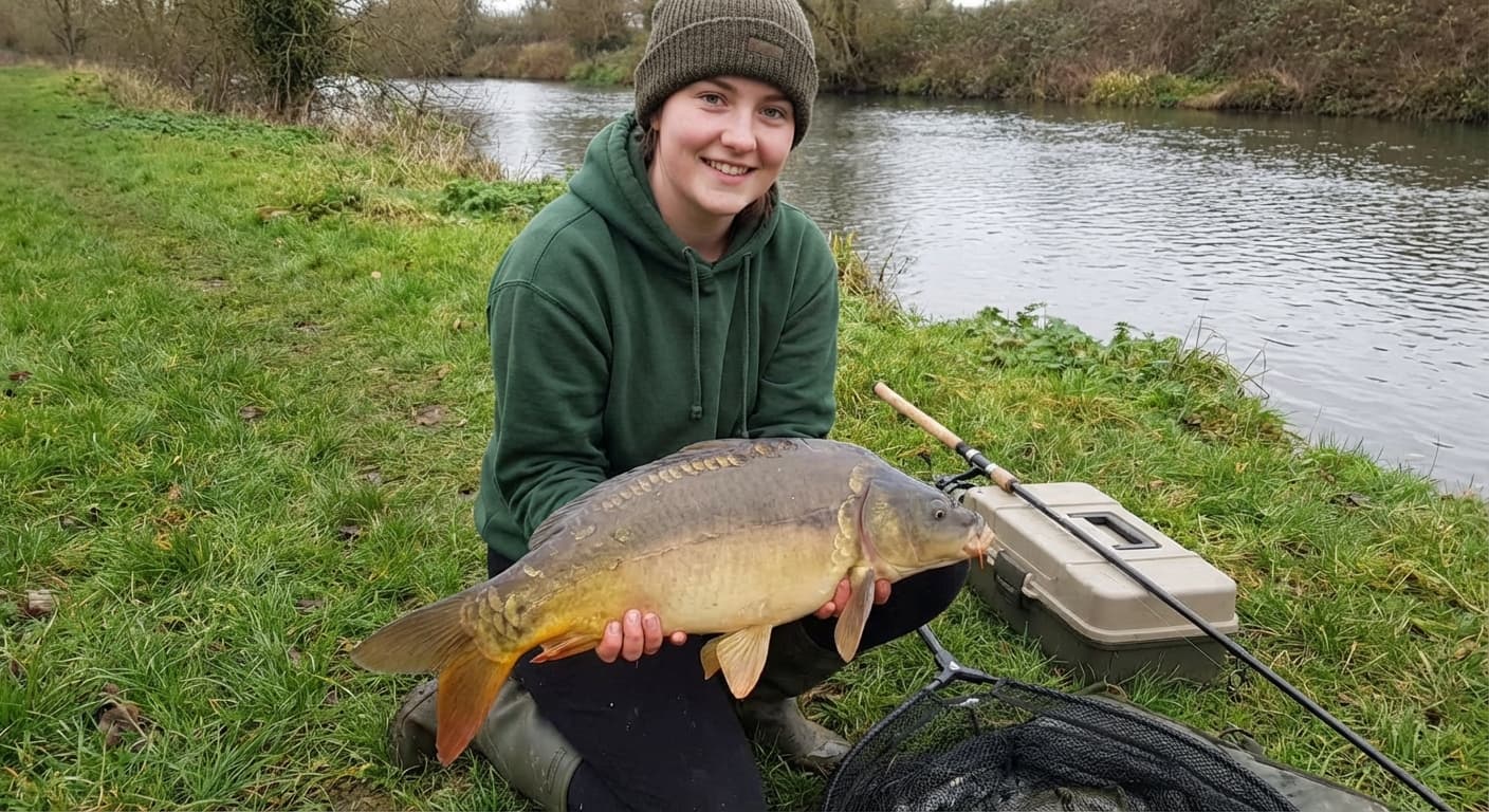 Mädchen mit gefangenem Karpfen