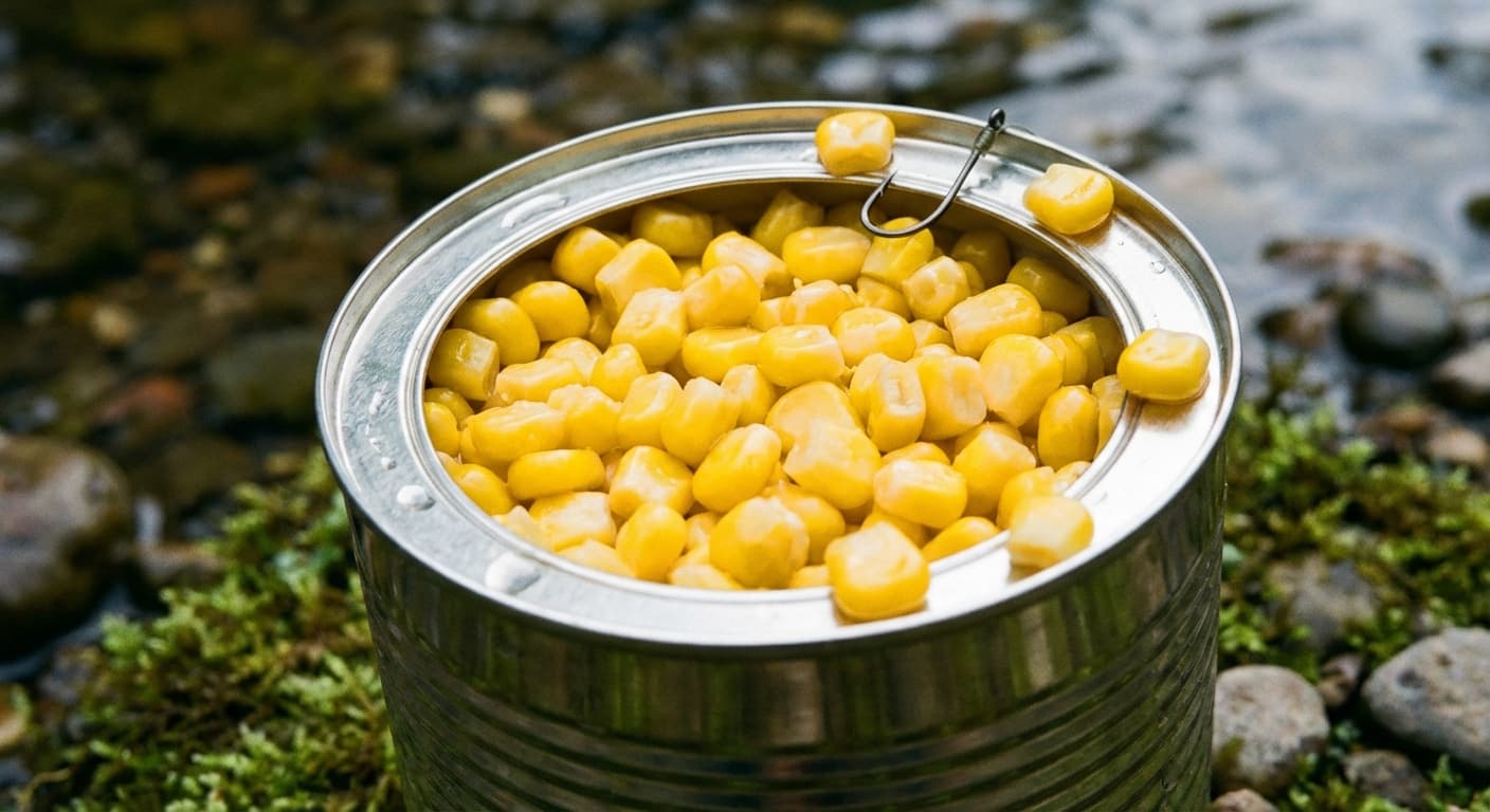 Gelbe Maiskörner als Angelköder mit Angelhaken auf rustikalem Holzuntergrund