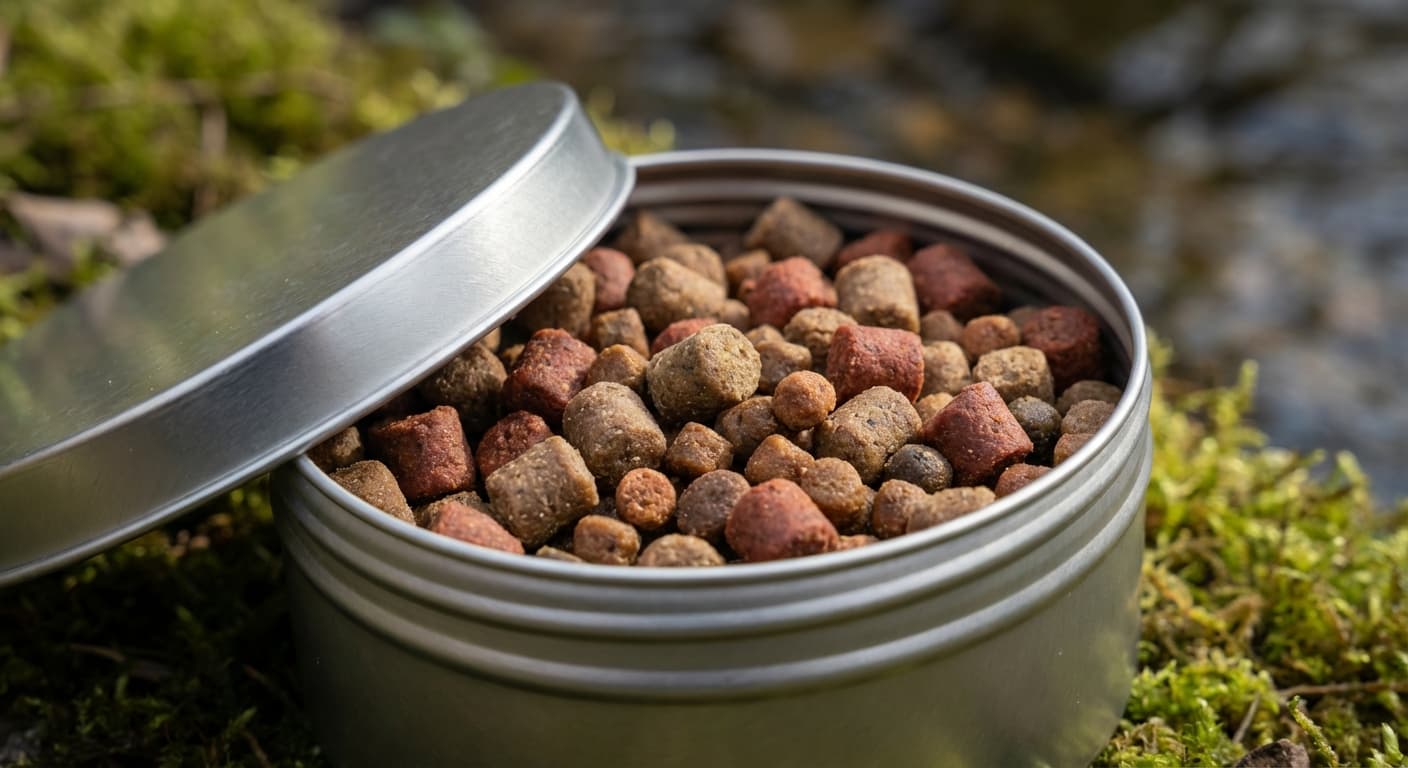 Verschiedene Pellet-Größen von Micro bis Halibut-Pellets auf weißem Untergrund