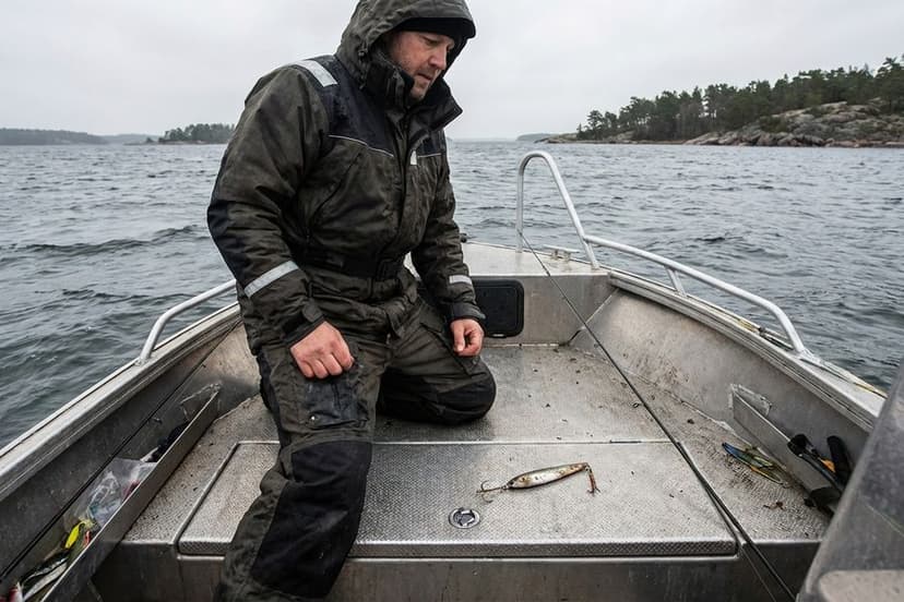 Angler beim Pilken auf einem Boot in der Ostsee mit schweren Pilkern
