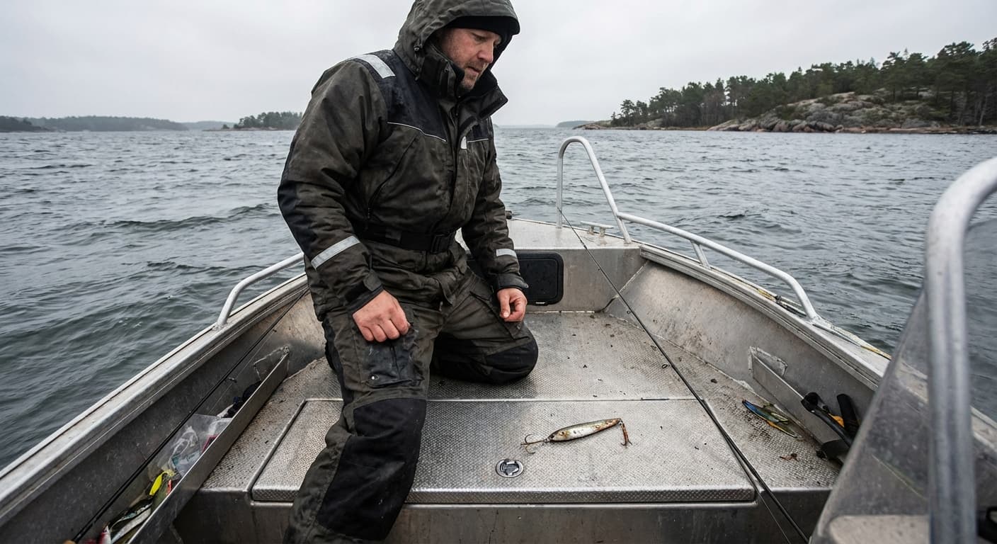 Angler beim Pilken auf einem Boot in der Ostsee mit schweren Pilkern