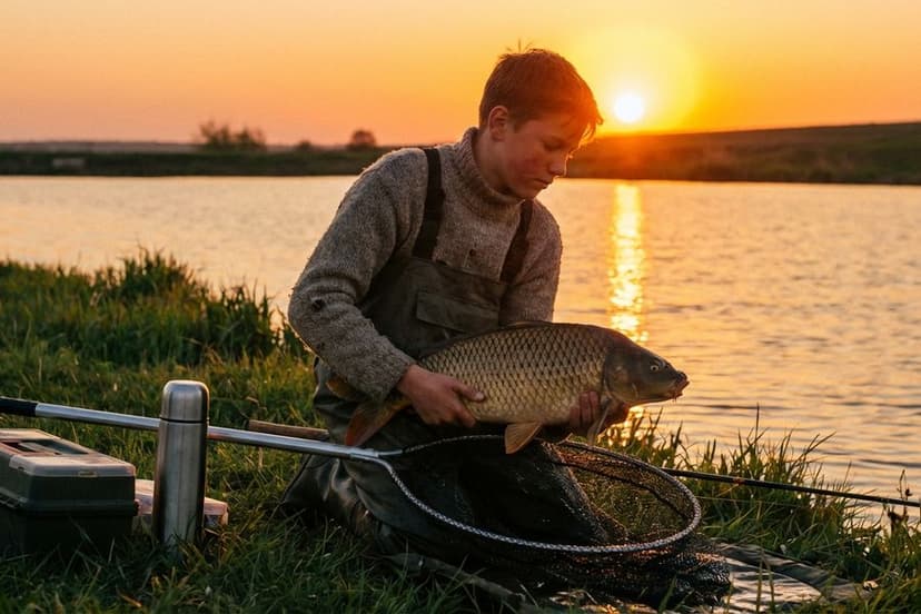 Karpfenangler beim Posenangeln im Morgengrauen