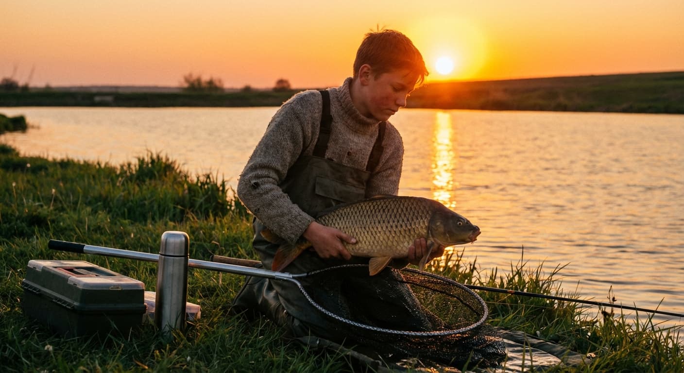 Karpfenangler beim Posenangeln im Morgengrauen