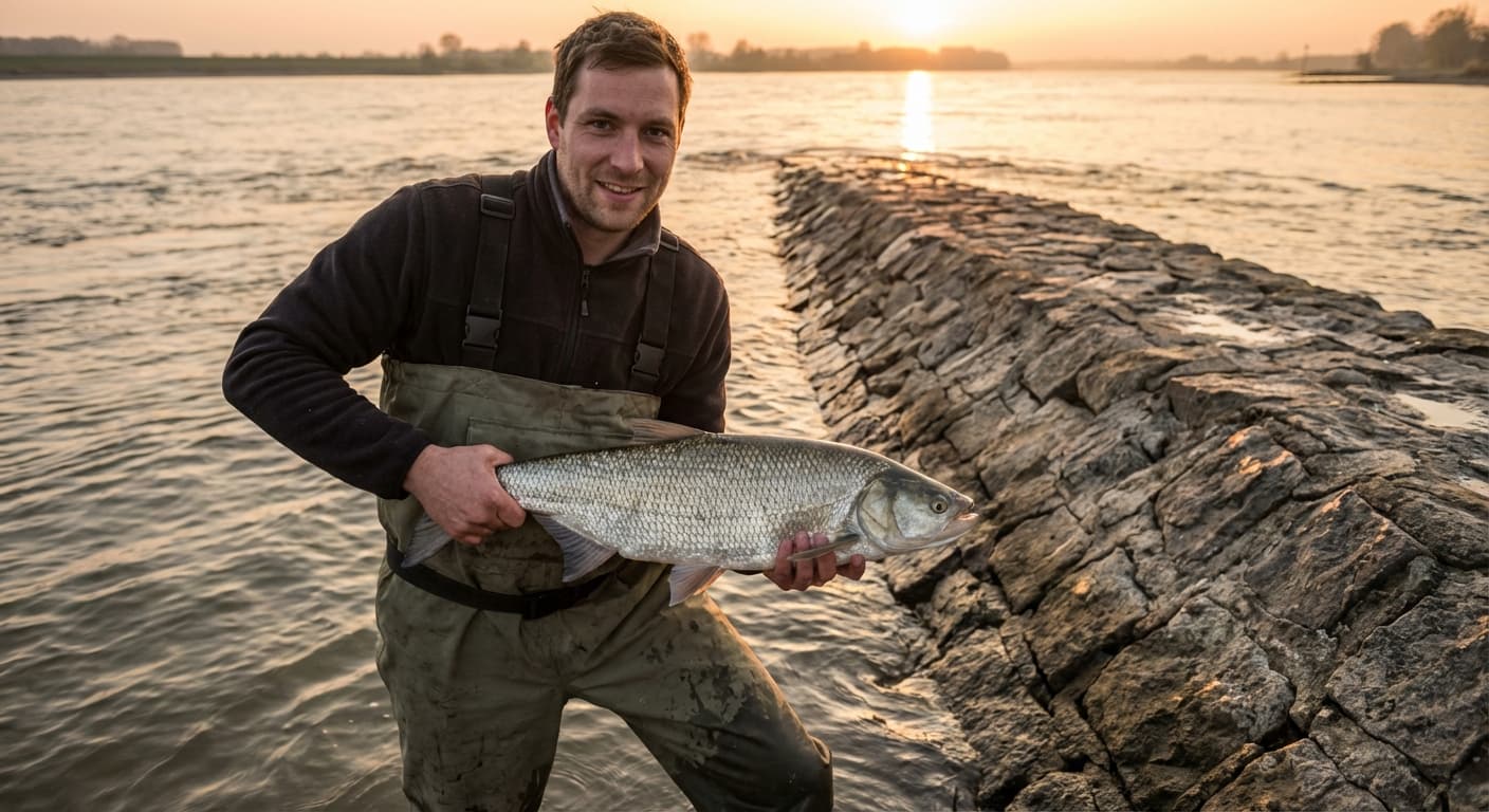 Rapfen jagt an Buhnenkopf im Rhein bei Sonnenuntergang