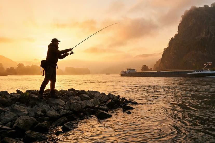 Angler am Buhnenkopf des Rheins bei Sonnenaufgang mit Spinnrute