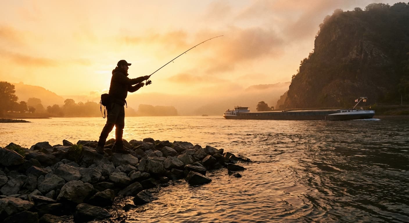 Angler am Buhnenkopf des Rheins bei Sonnenaufgang mit Spinnrute