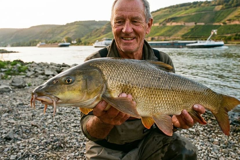 Barbe aus dem Rhein mit typischem goldbraunem Schuppenkleid und vier Barteln
