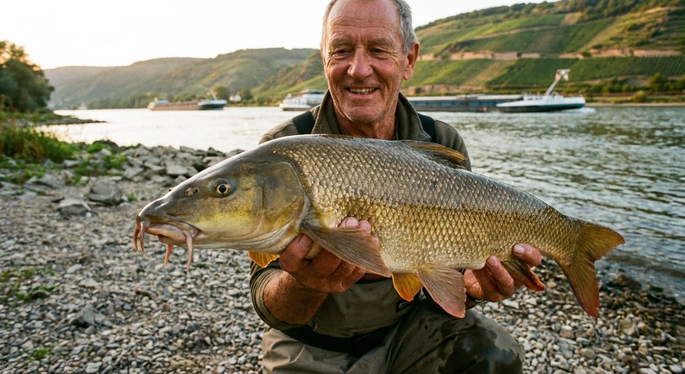 Barbe aus dem Rhein mit typischem goldbraunem Schuppenkleid und vier Barteln