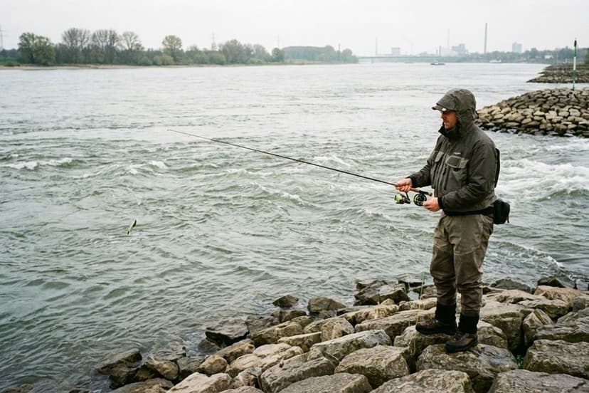 Angler befischt Buhnenfeld am Rhein mit Spinnrute auf Barsch