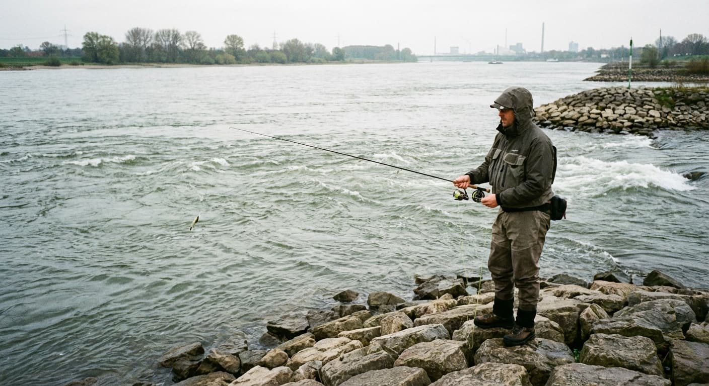 Angler befischt Buhnenfeld am Rhein mit Spinnrute auf Barsch