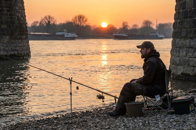 Angler mit Feederrute am Rhein zwischen Buhnen bei Sonnenuntergang