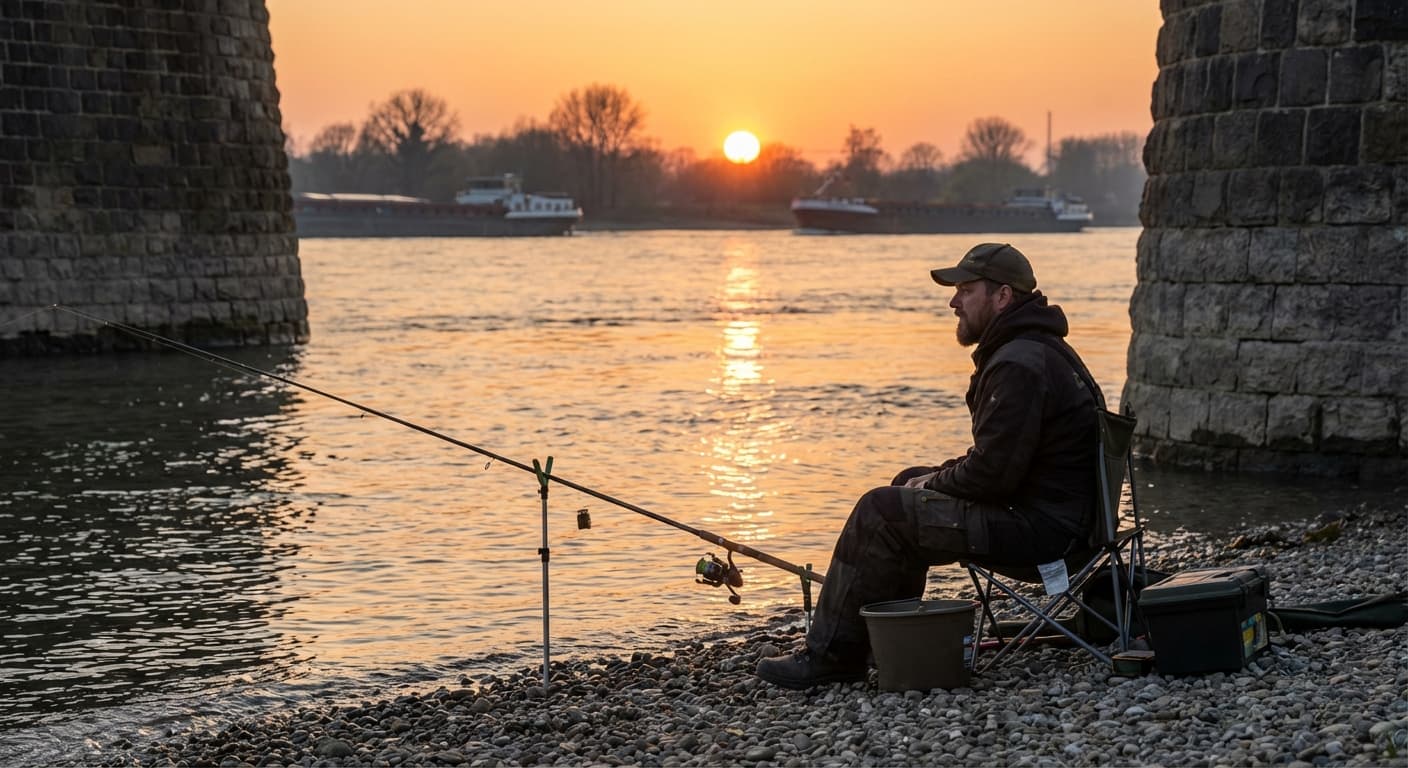 Angler mit Feederrute am Rhein zwischen Buhnen bei Sonnenuntergang