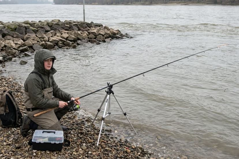 Angler beim Grundangeln an einer Buhne am Rhein mit Strömung im Hintergrund