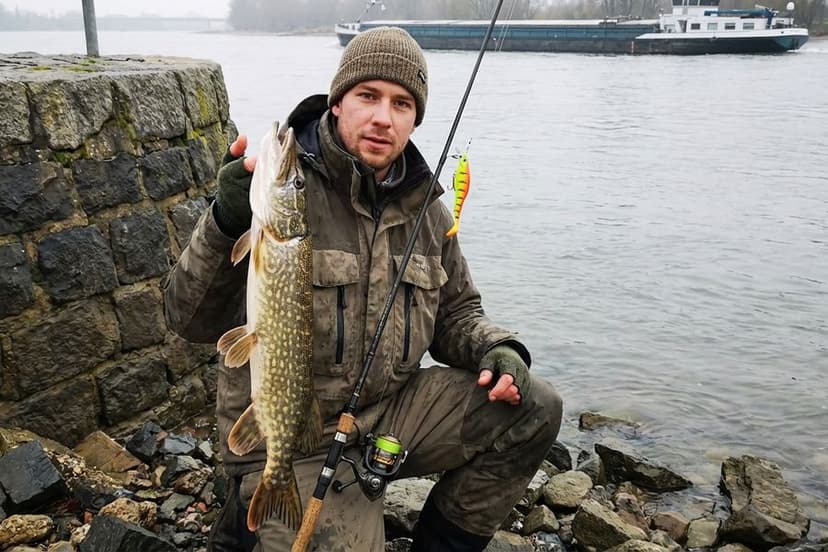 Hecht aus Buhnenfeld am Rhein mit Spinnrute und Gummifisch