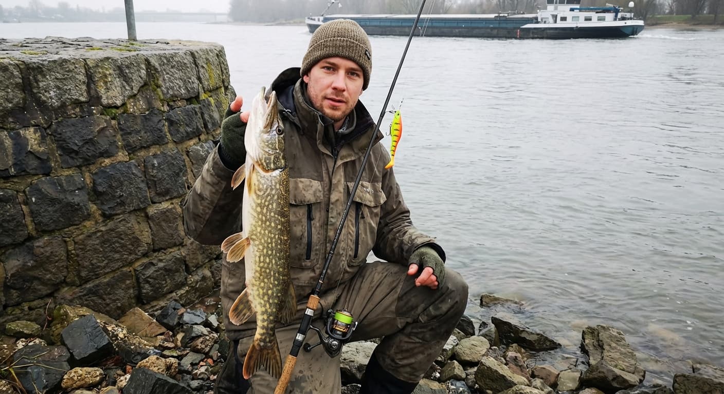 Hecht aus Buhnenfeld am Rhein mit Spinnrute und Gummifisch