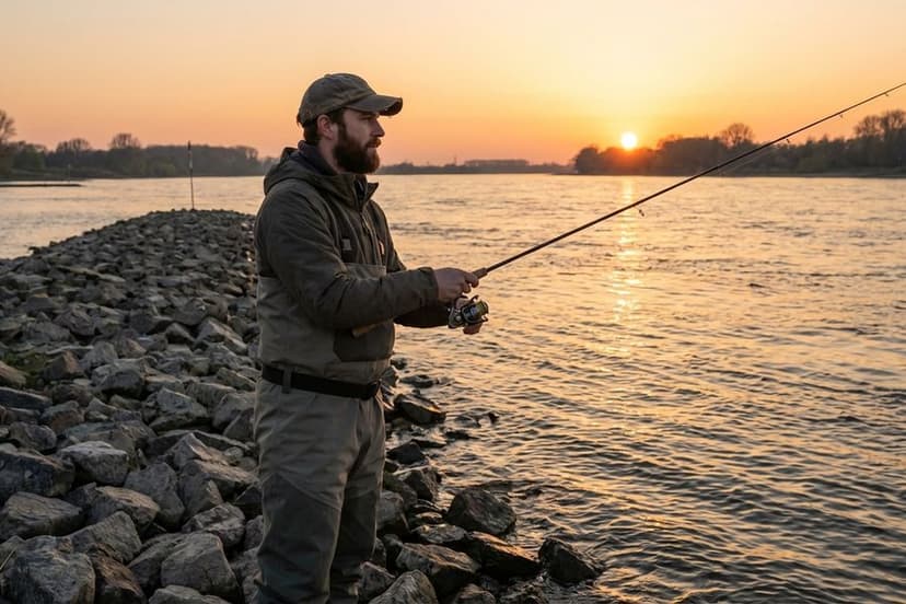 Angler beim Jiggen am Rhein mit Gummifisch an einer Buhne bei Sonnenuntergang