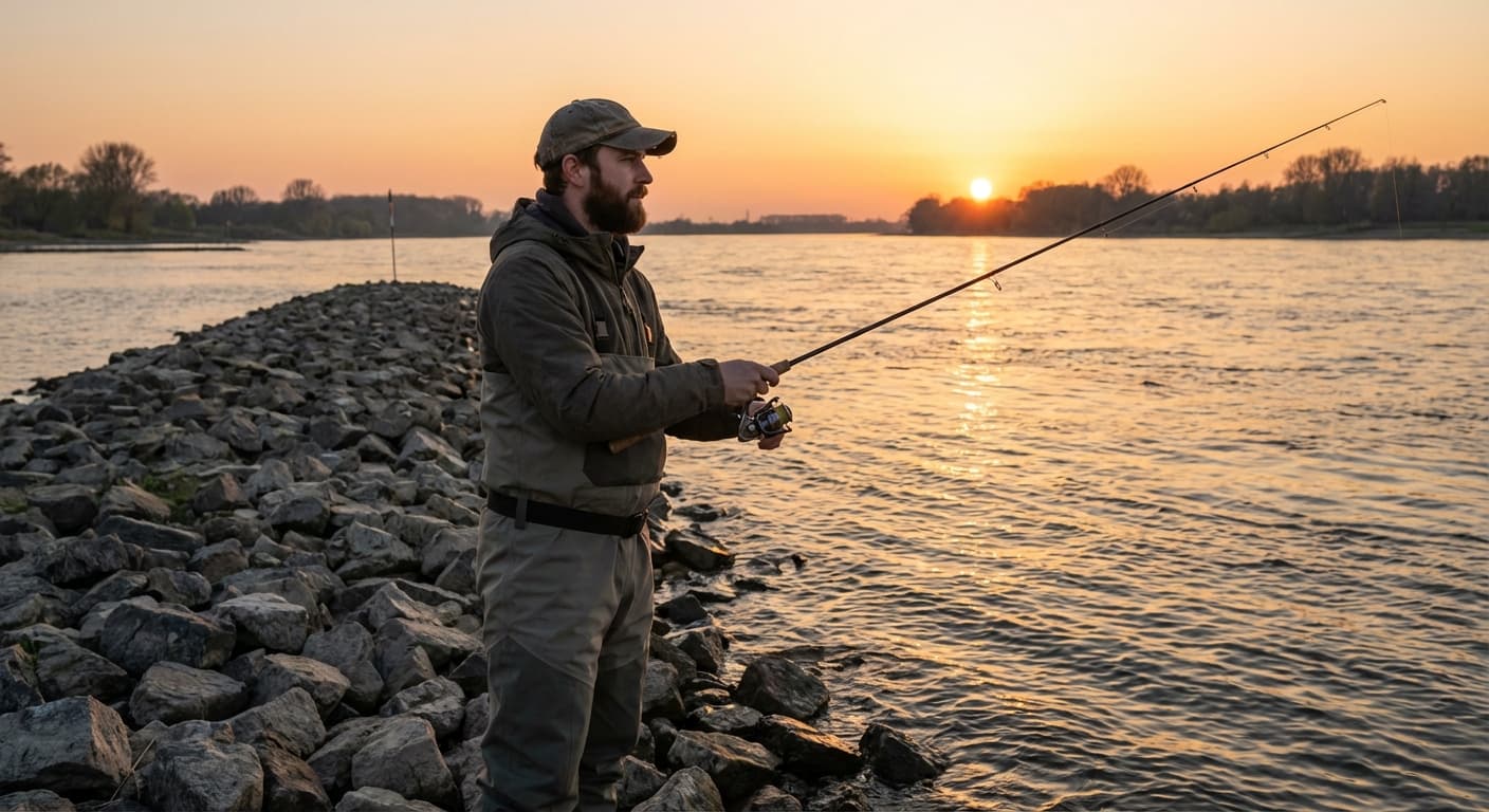 Angler beim Jiggen am Rhein mit Gummifisch an einer Buhne bei Sonnenuntergang