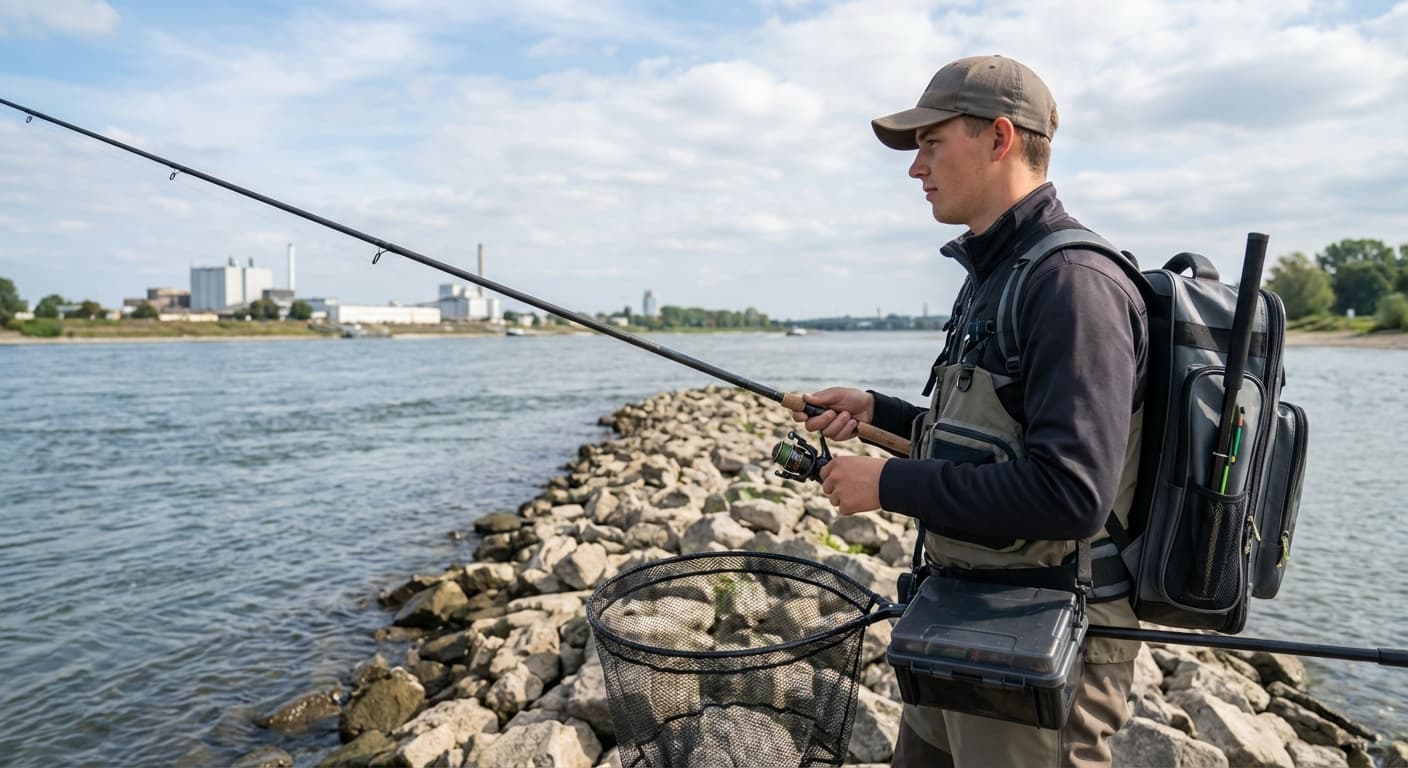 Angler mit Bologneserute beim Posenangeln zwischen zwei Buhnen am Rhein