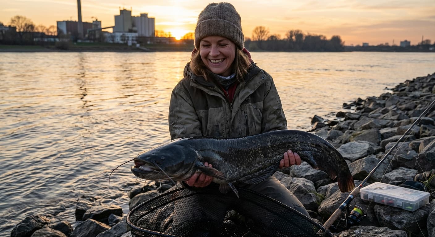 Angler mit kapitaler Wels am Rhein bei Dämmerung an Buhnenfeld