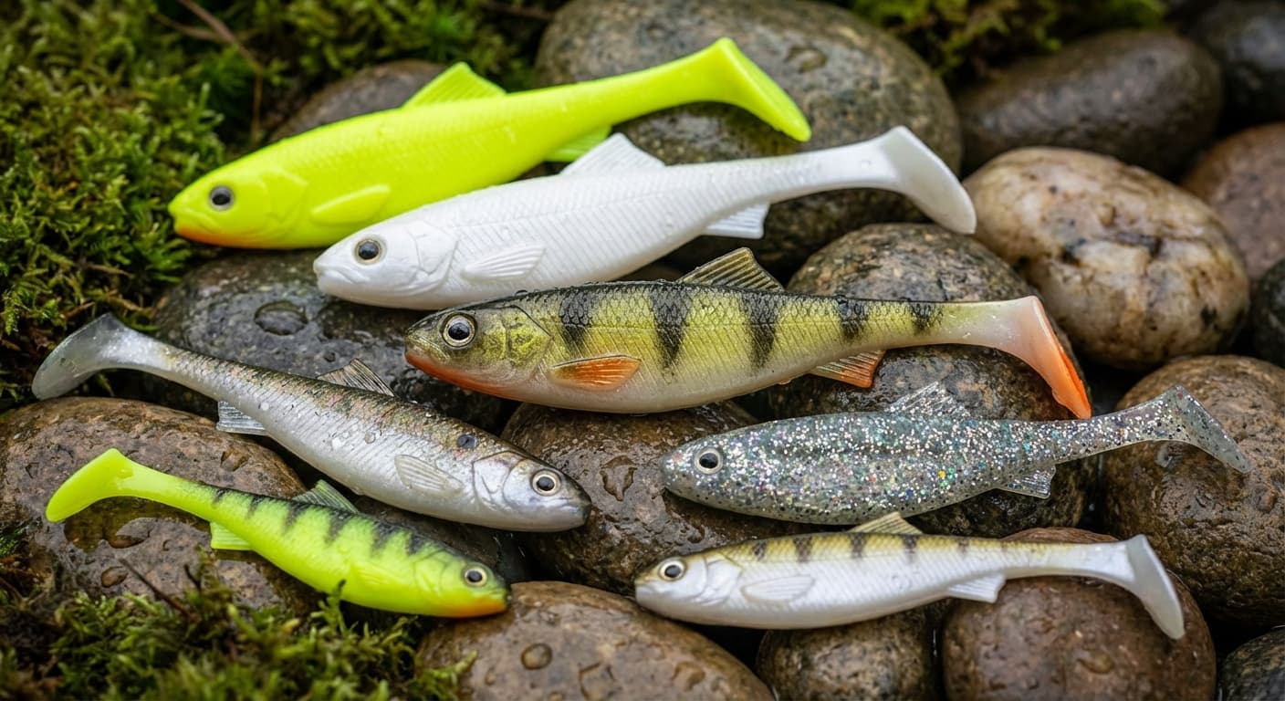 Verschiedene Shad Gummiköder mit Paddelschwanz in unterschiedlichen Größen und Farben für Zander, Barsch und Hecht